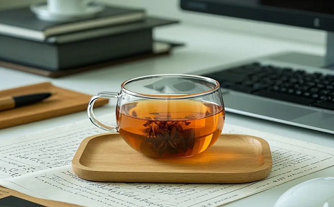 办公桌工位上午十点冲泡古方草代用茶水杯特写